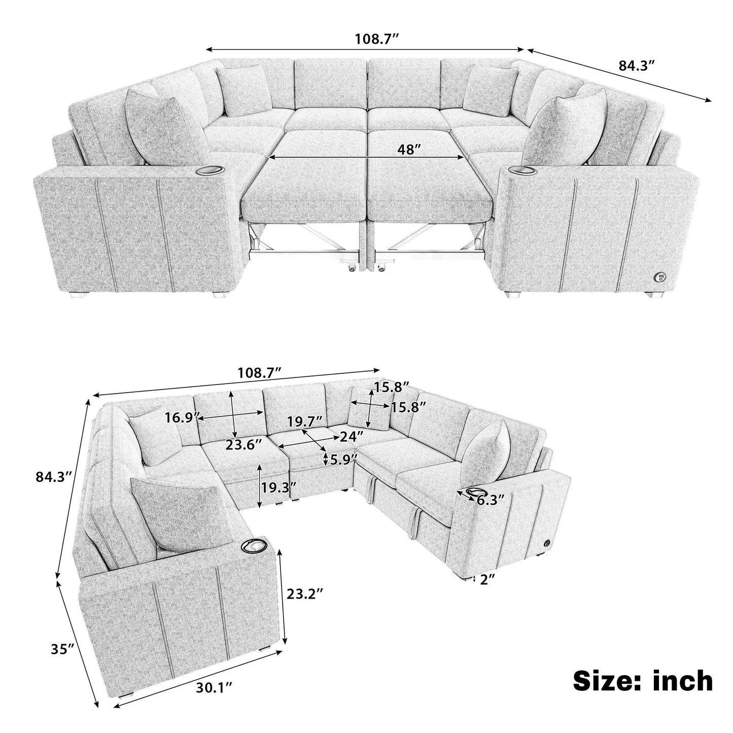 Modern U-shaped sectional sofa with USB ports and cup holders by Unique Piece Furniture on Tampa Home & Garden Store