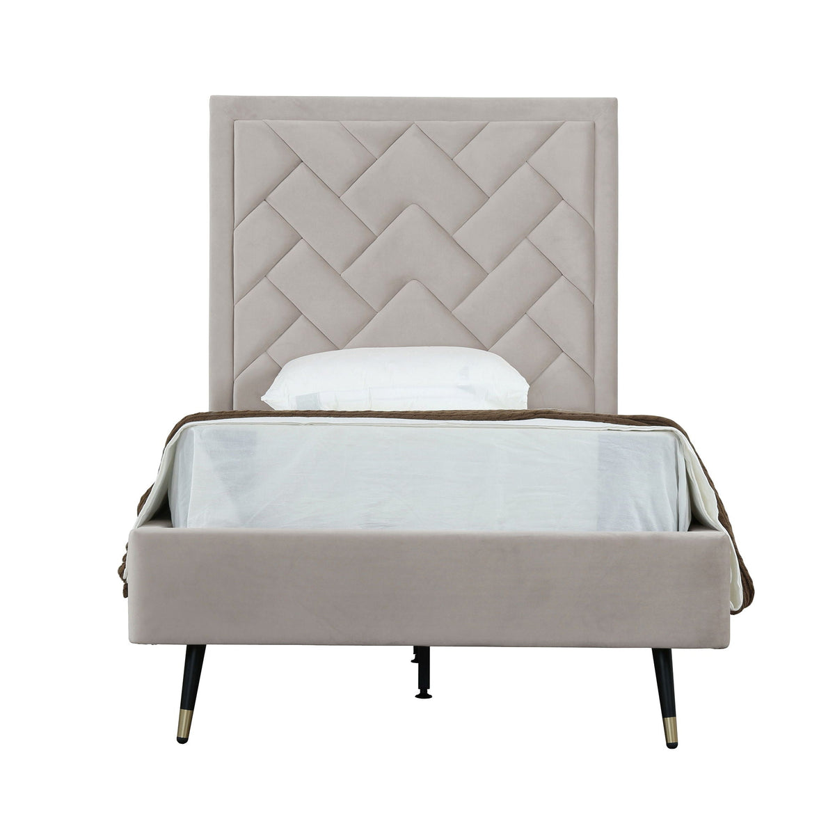 Crosby upholstered bed with diamond tufted headboard in beige-gray fabric with slats on Tampa Home & Garden Store