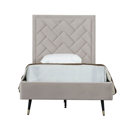 Crosby upholstered bed with diamond tufted headboard in beige-gray fabric with slats on Tampa Home & Garden Store