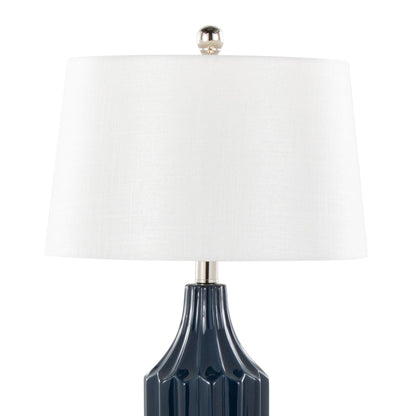 Stella Contemporary Table Lamp with white linen shade and navy ribbed ceramic base HouseOfZazla on Tampa Home & Garden Store
