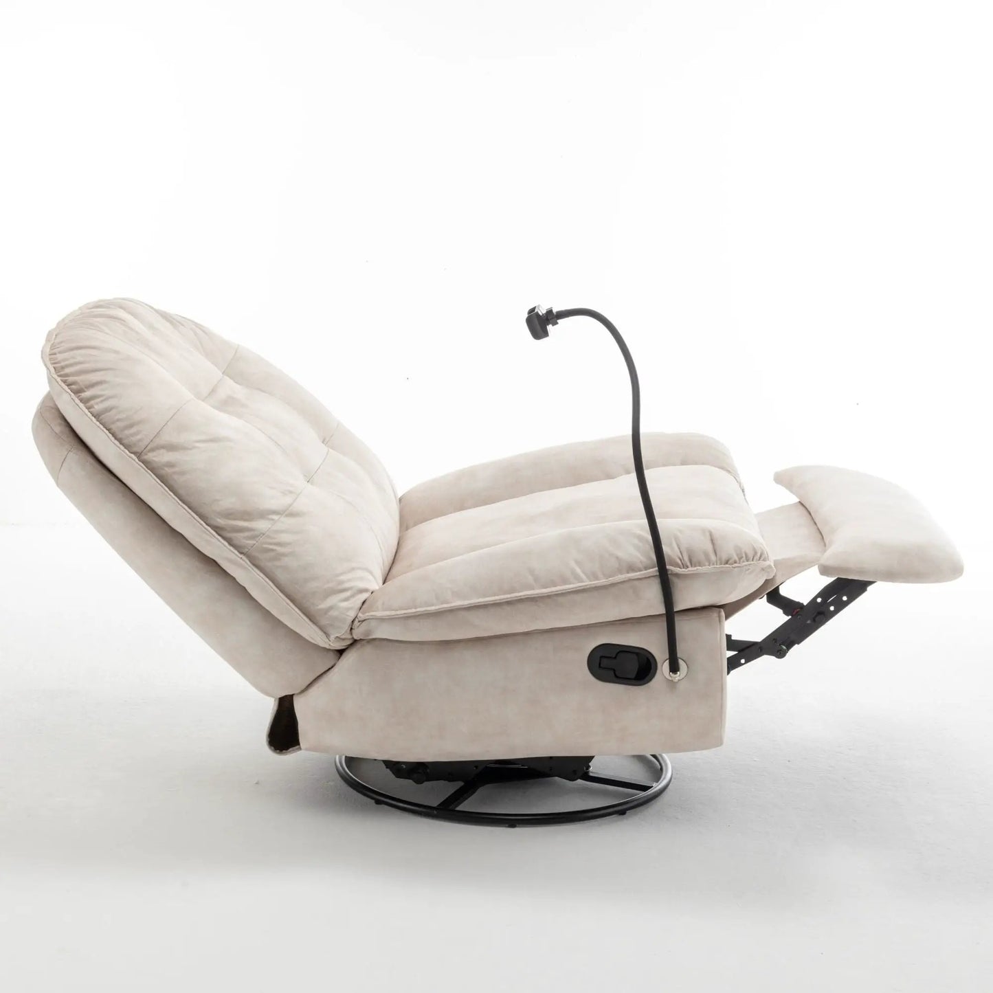 Beige fabric swivel glider recliner with built-in reading lamp and metal base on Tampa Home & Garden Store