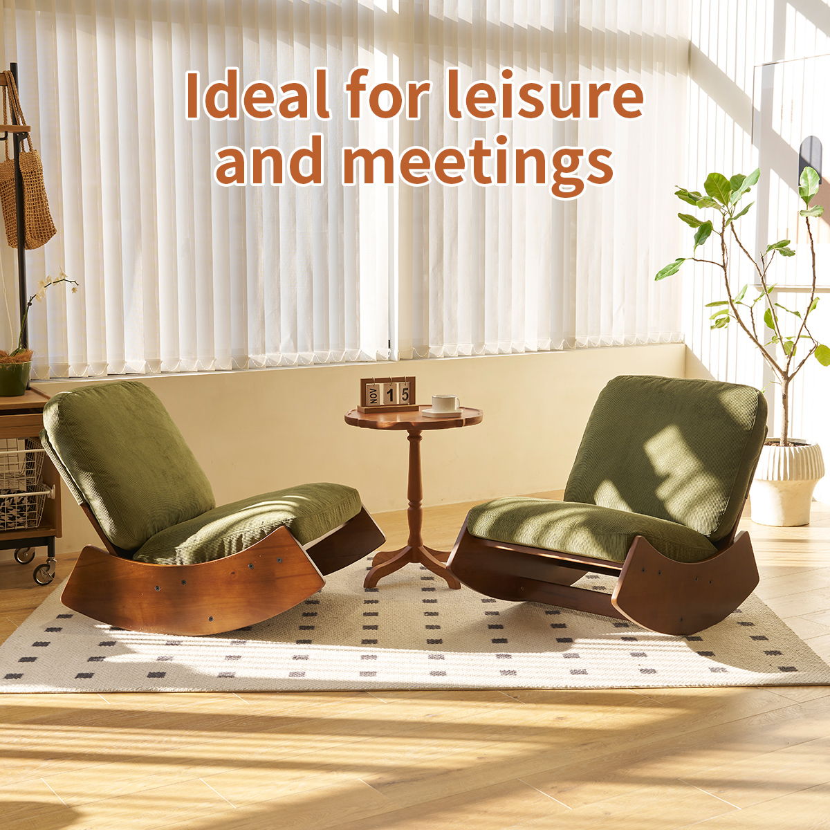 Upholstered glider rocking chairs (2) with solid wood frames in green fabric, sunlit room on Tampa Home & Garden Store
