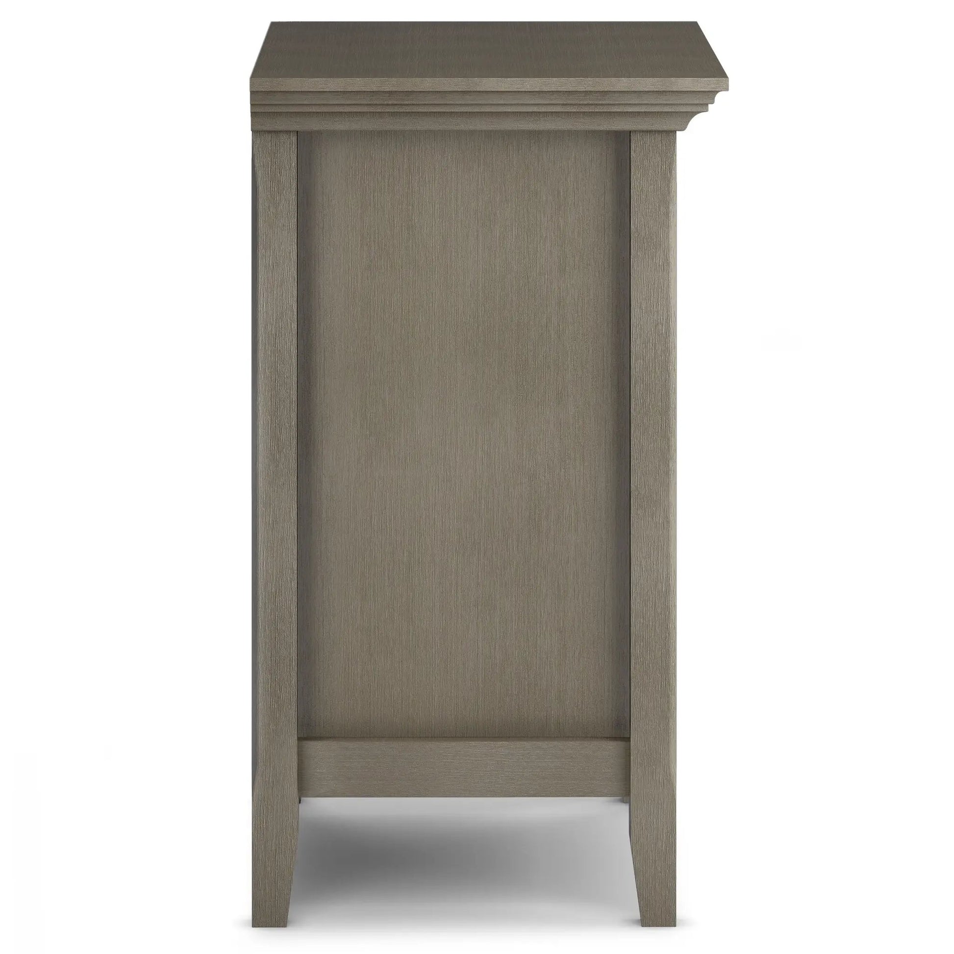Amherst bedside table handcrafted in gray-brown wood with crown molding and paneled sides on Tampa Home & Garden Store