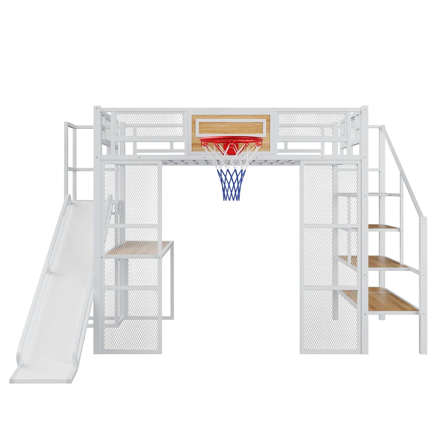 White loft bed with built-in desk and basketball hoop, metal frame by Unique Piece Furniture on Tampa Home & Garden Store