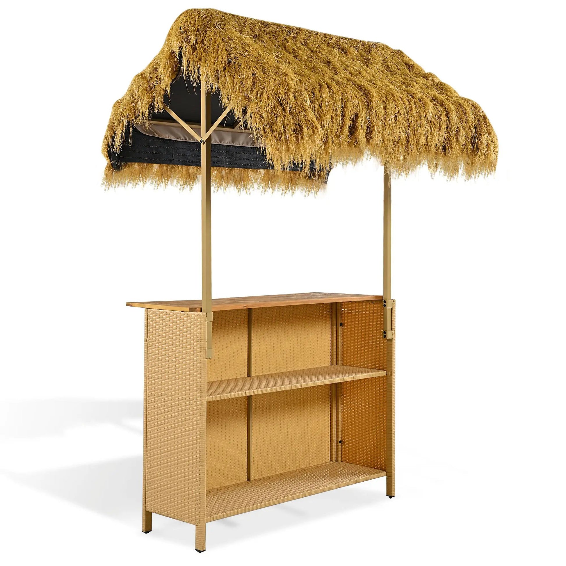 Hawaiian-Style bar-height patio set with PE grass canopy, acacia top, bar table and stools on Tampa Home & Garden Store