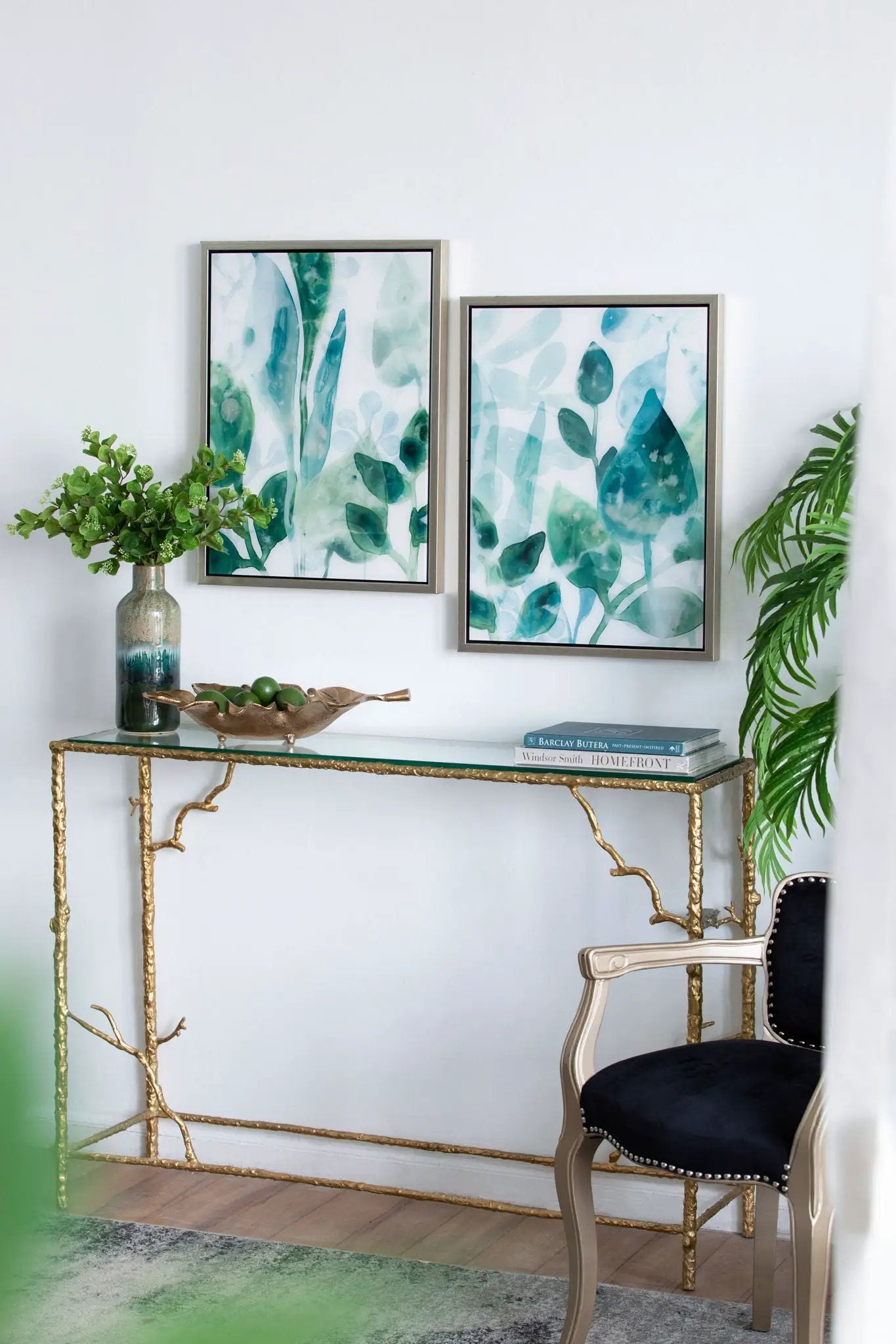 Framed Printed Acrylic Wall Art Set of 2 with white and green leaves in metallic frames on Tampa Home & Garden Store
