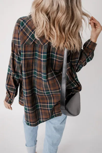 Stevvex plaid button-up jacket, cotton-blend outerwear in brown plaid with green accents on Tampa Home & Garden Store