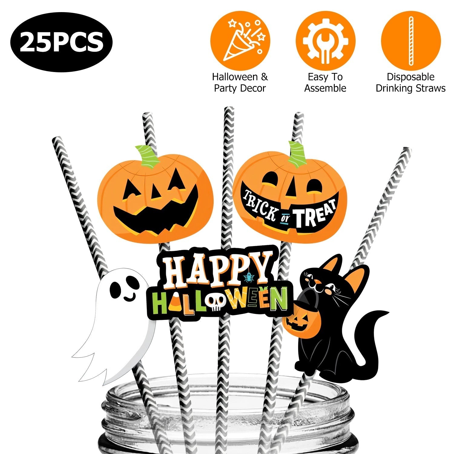 GemGear 25Pcs Halloween striped decorative paper drinking straws with pumpkin toppers in a jar on Tampa Home & Garden Store