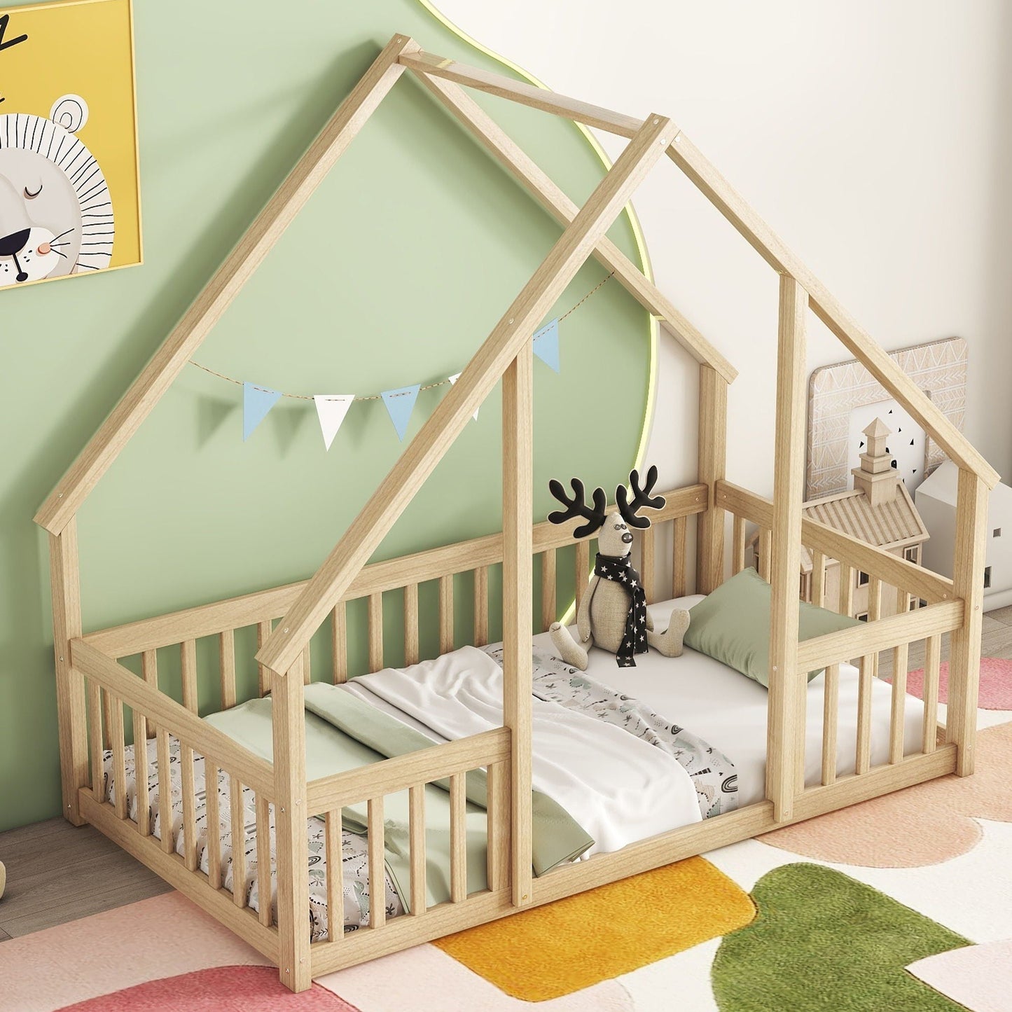 A Wood House Floor Bed with Guardrail Fence