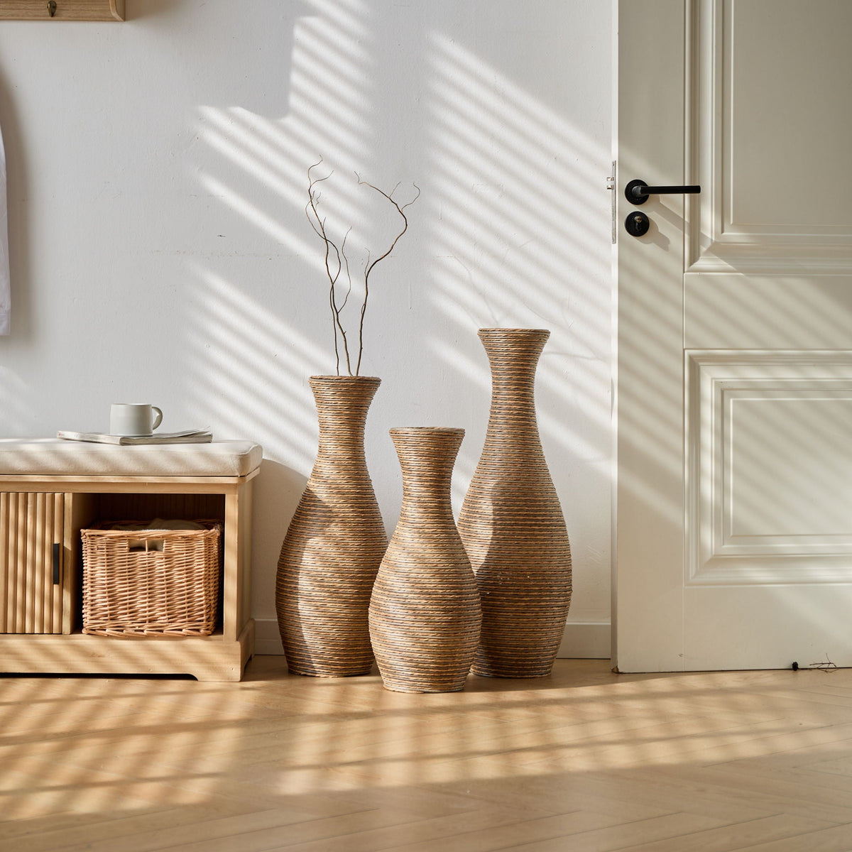 3-piece artificial rattan floor vase set beige with tall tapered woven vases on Tampa Home & Garden Store