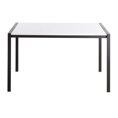 Fuji modern dining table with glass or wood top, white surface, black metal frame on Tampa Home & Garden Store