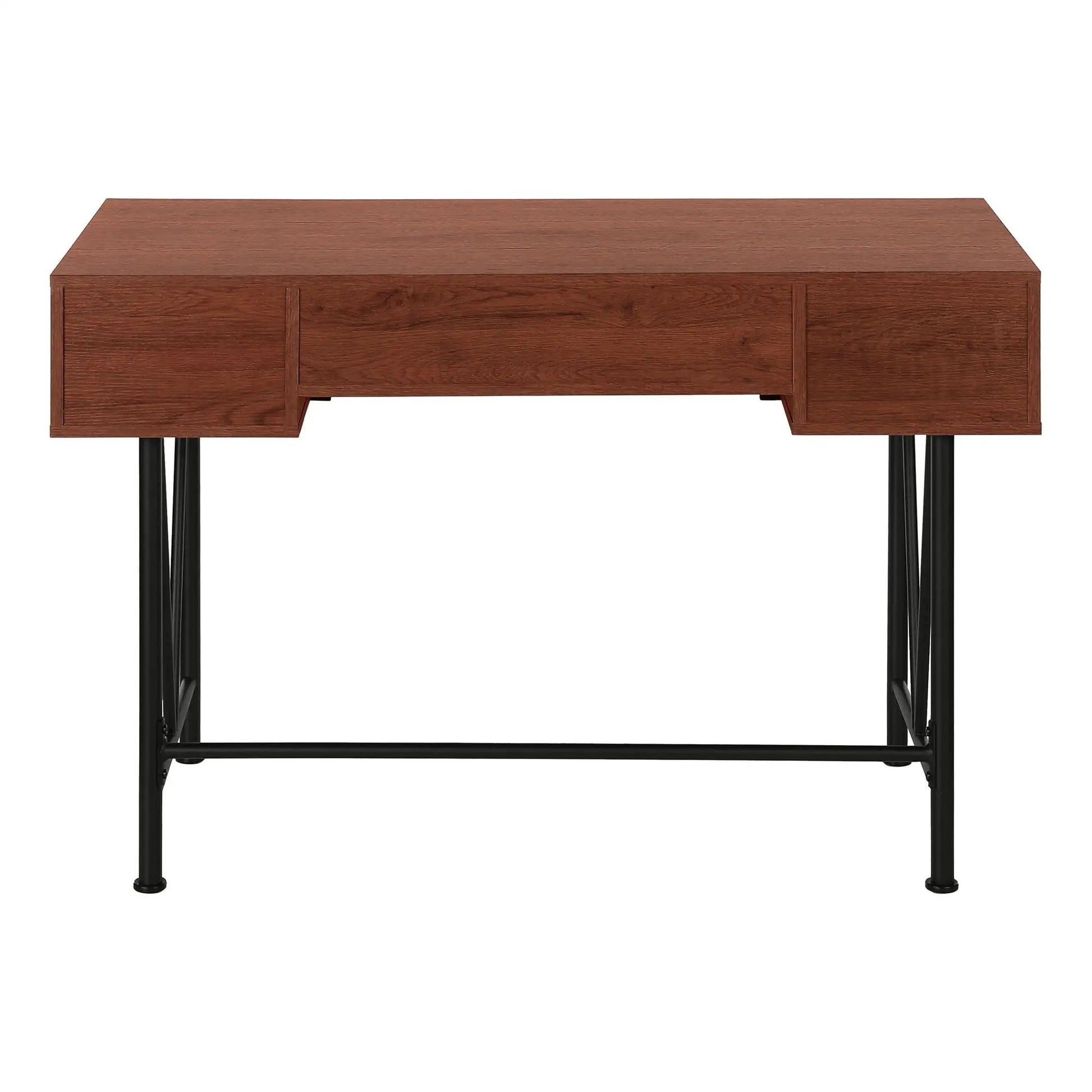 Writing desk with warm wood finish, storage drawers, and black metal legs on Tampa Home & Garden Store