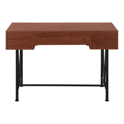 Writing desk with warm wood finish, storage drawers, and black metal legs on Tampa Home & Garden Store
