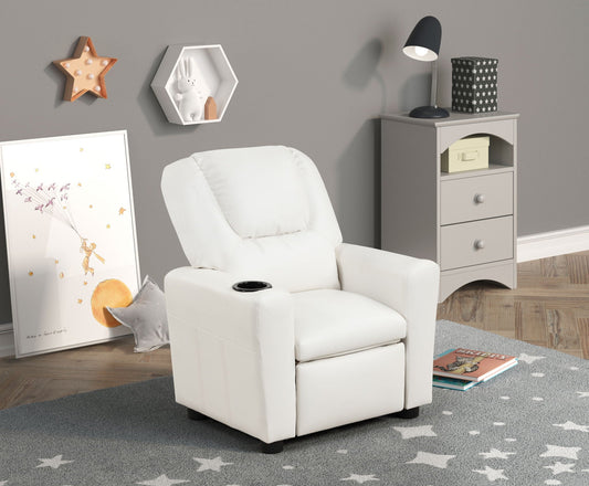 Marisa Kids Recliner Chair With Cupholder white faux leather kid recliner in gray room on Tampa Home & Garden Store
