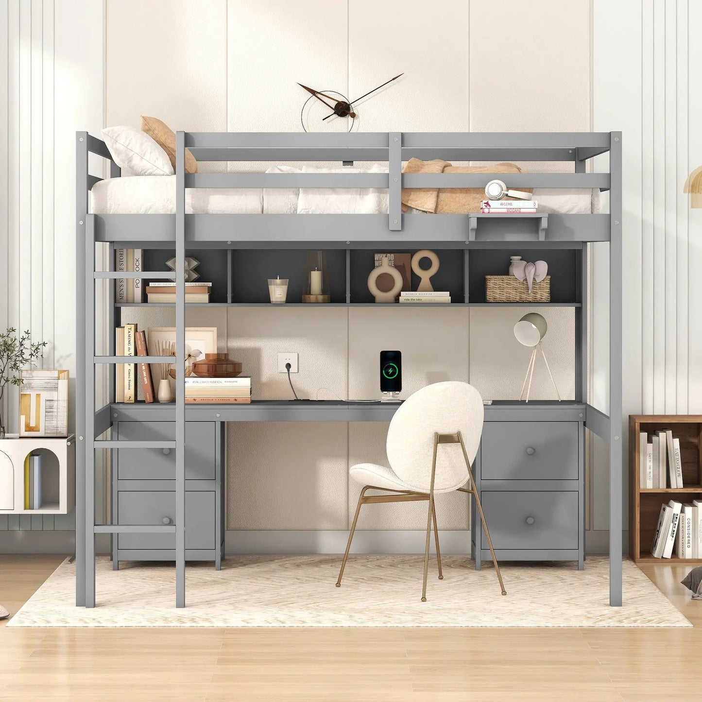 Loft Bed With Desk and Storage Charging Station