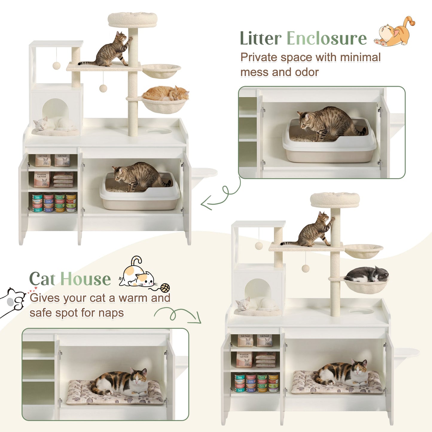 50.6 Cat Tree with Litter Box Enclosure, sisal posts, storage, white cream finish by HouseOfZazla on Tampa Home & Garden Store