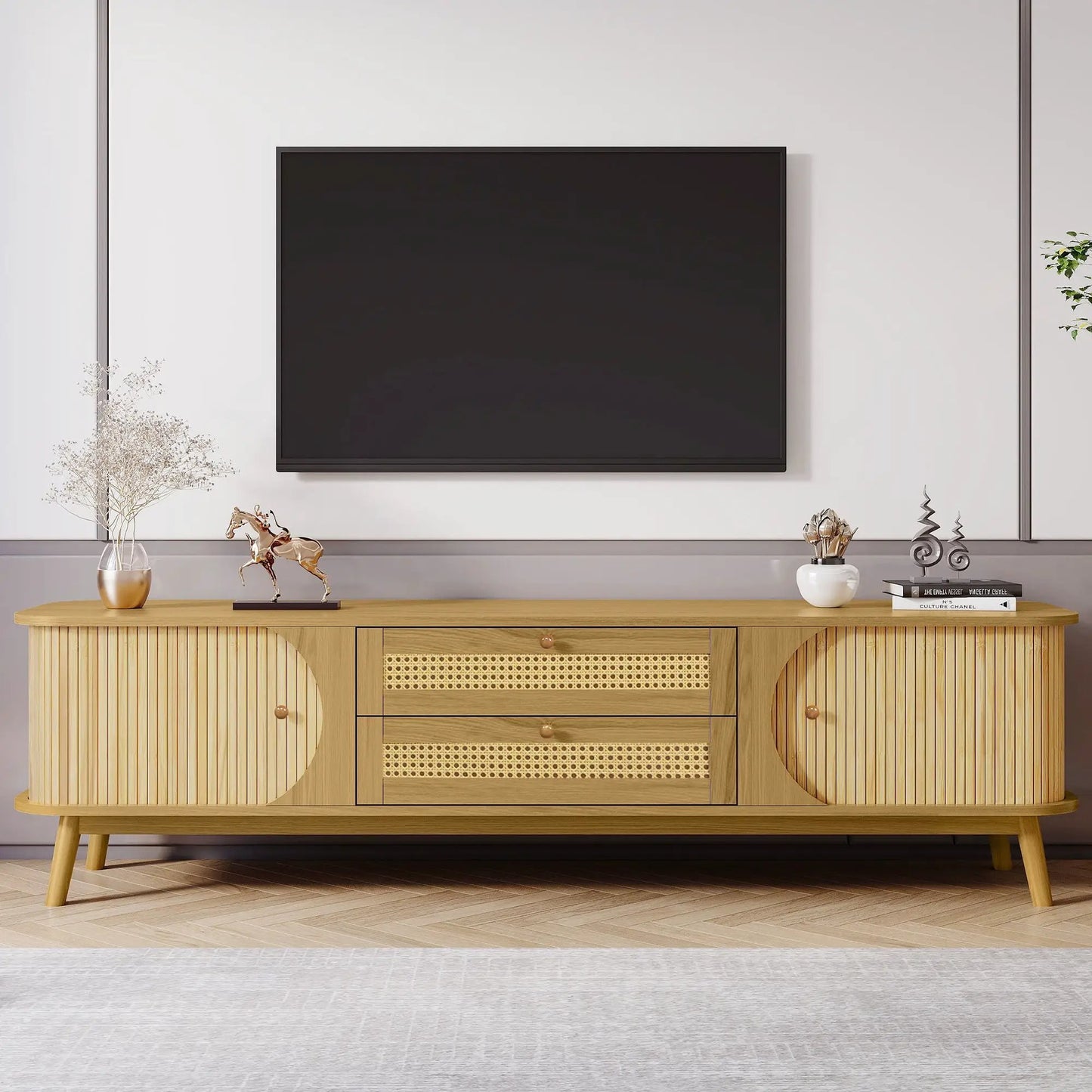 Rattan TV Stand for TVs up to 75 inches, natural wood media console with cane panels and legs on Tampa Home & Garden Store