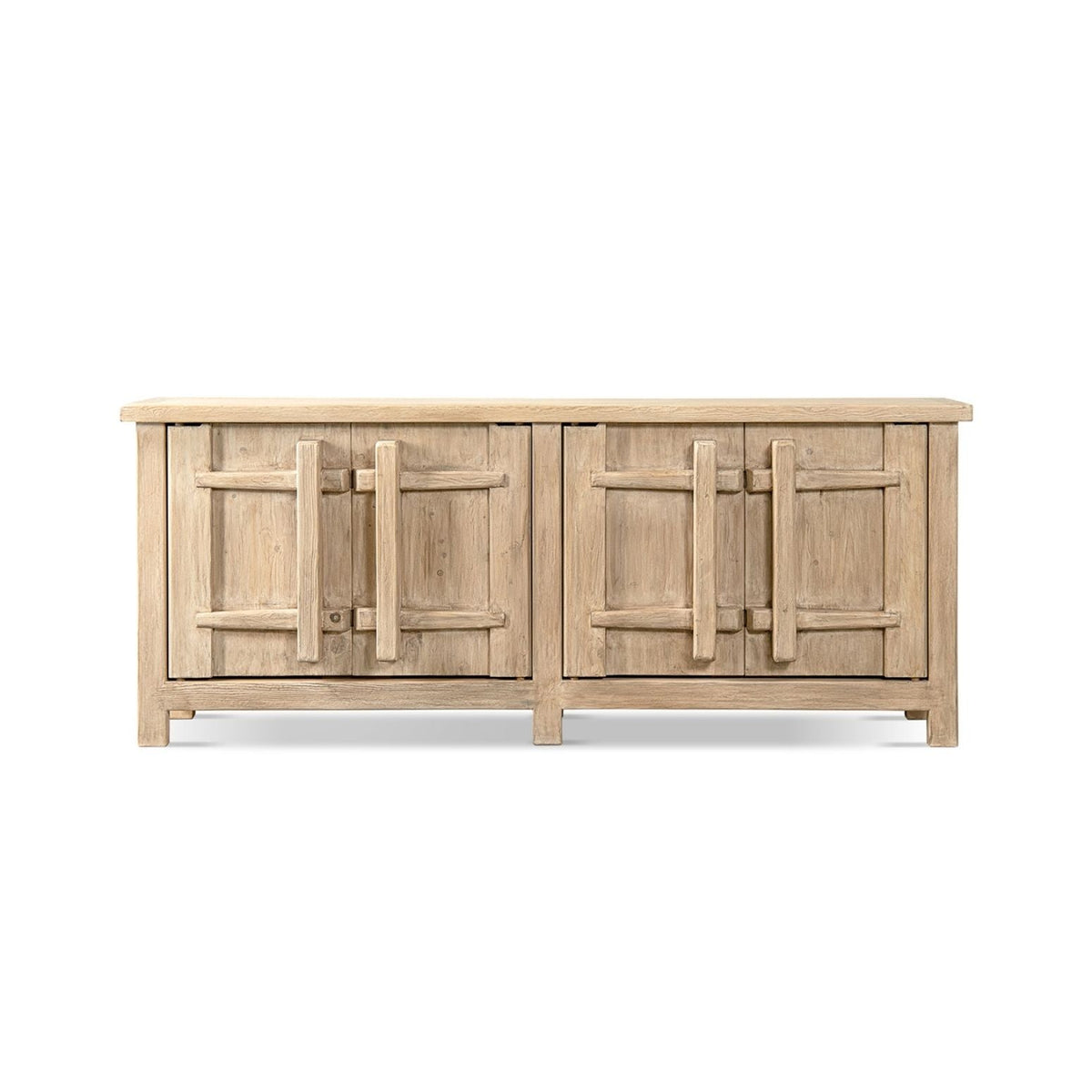 Natural wood 4-door sideboard cabinet with carved rectangular handles and light oak finish on Tampa Home & Garden Store