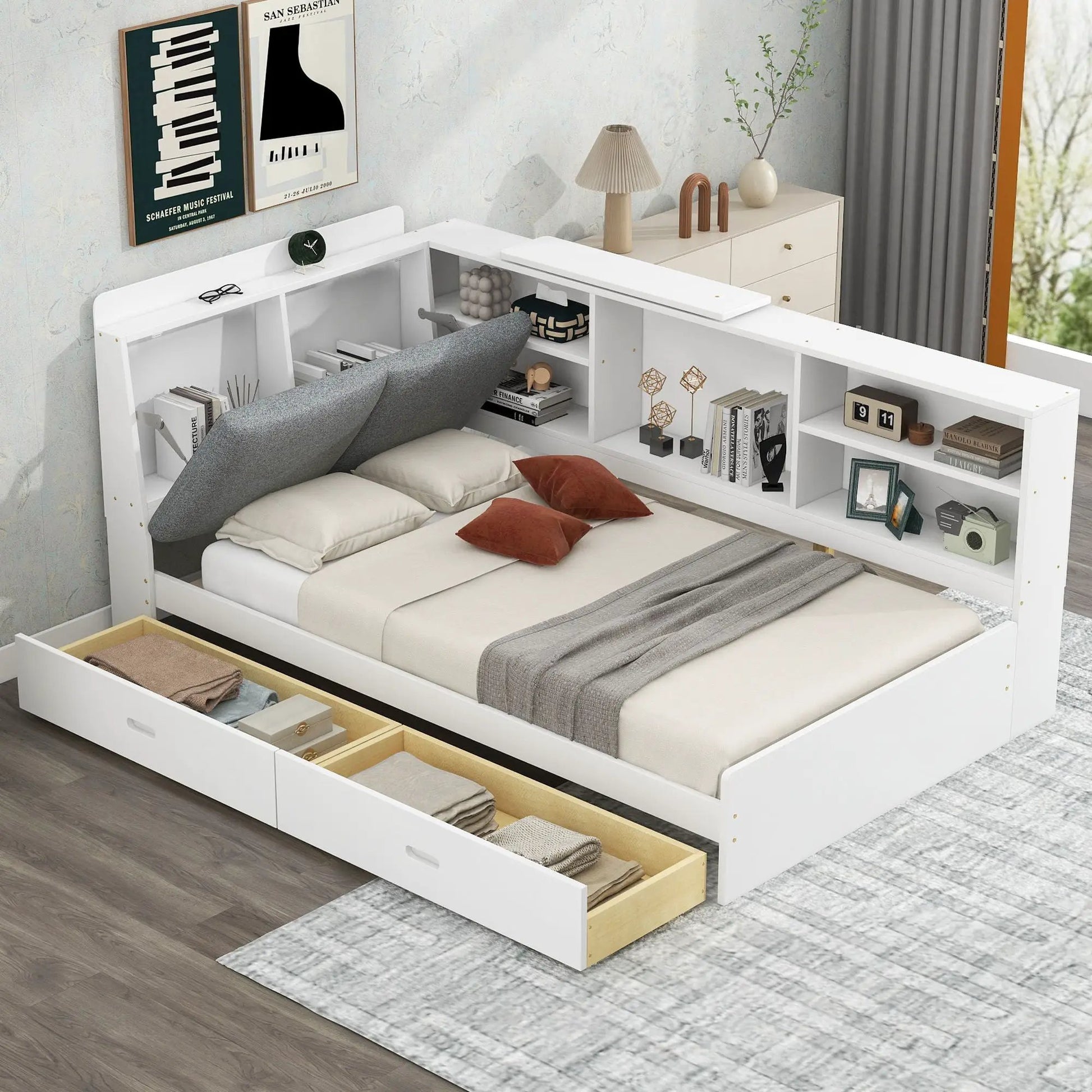 White platform bed with storage headboard and shelves, 2 drawers by Unique Piece Furniture on Tampa Home & Garden Store