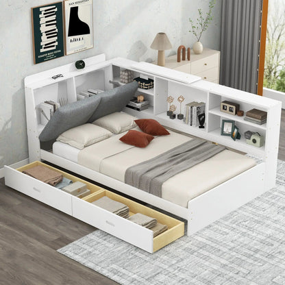 White platform bed with storage headboard and shelves, 2 drawers by Unique Piece Furniture on Tampa Home & Garden Store