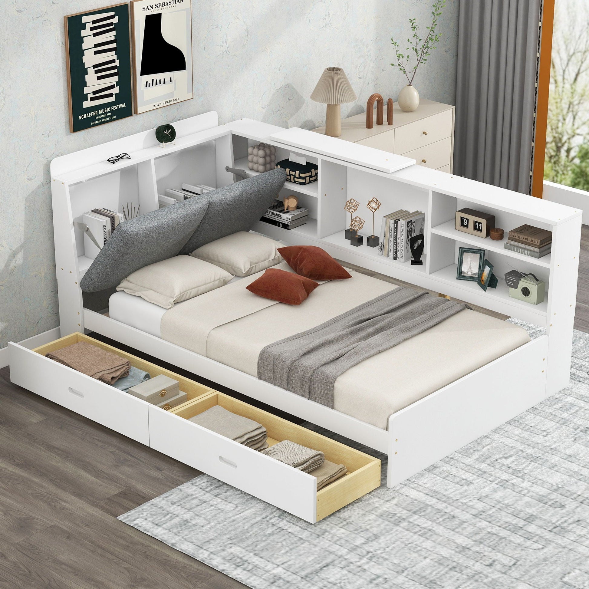 Platform bed with storage headboard, white finish, shelves and 2 drawers, HouseOfZazla on Tampa Home & Garden Store