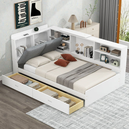 Platform bed with storage headboard, white finish, shelves and 2 drawers, HouseOfZazla on Tampa Home & Garden Store