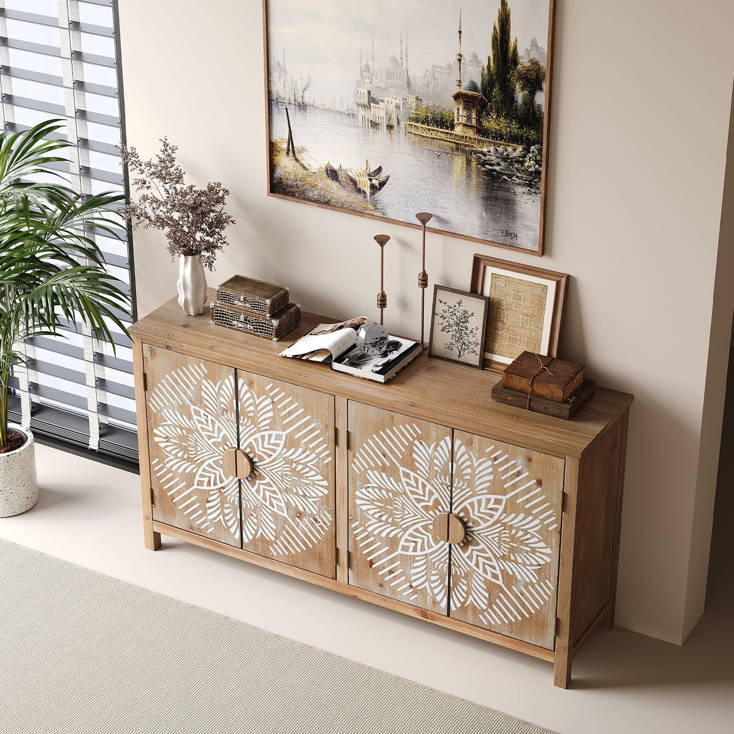 60-inch wood accent cabinet with 4 brown antique-white doors and white geometric fronts on Tampa Home & Garden Store