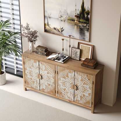 60-inch wood accent cabinet with 4 brown antique-white doors and white geometric fronts on Tampa Home & Garden Store
