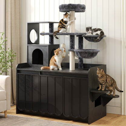 Cat Tree with Litter Box Enclosure and Sisal Posts; dark wood cat furniture with three cats on Tampa Home & Garden Store