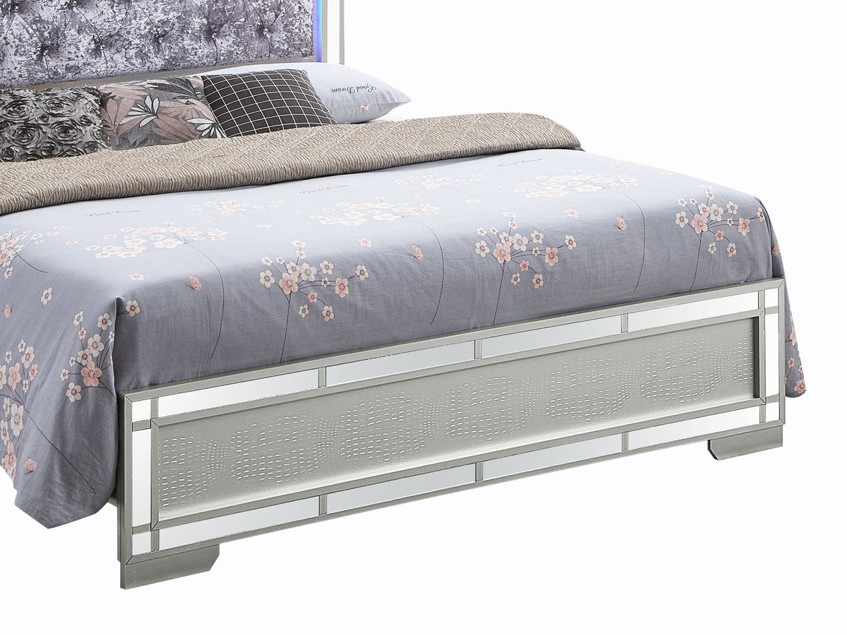 Madison Upholstered Bed With LED by HouseOfZazla, tufted headboard, chrome mirrored frame on Tampa Home & Garden Store