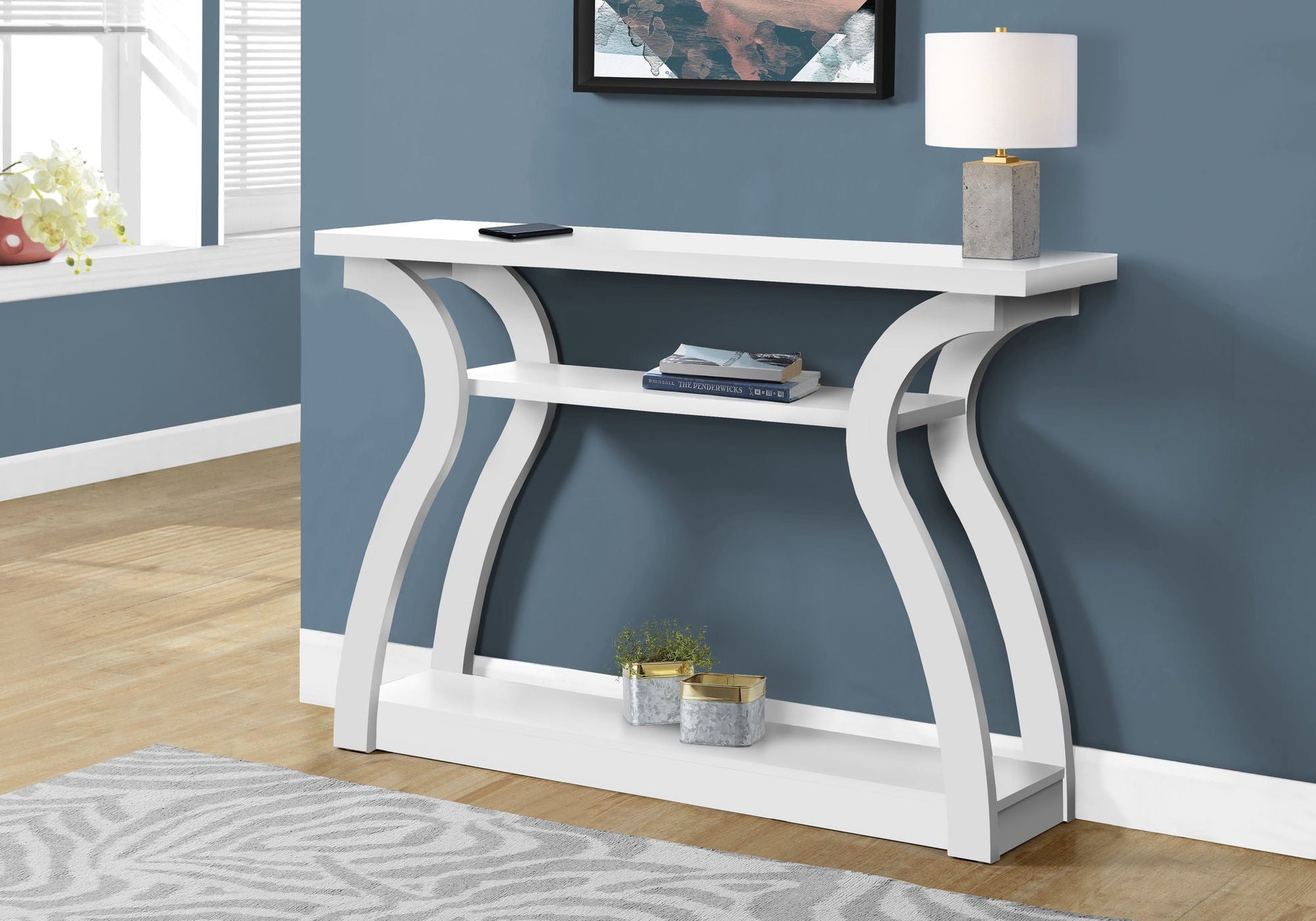 Accent Console Table with unique curved legs, white finish for entryway on Tampa Home & Garden Store