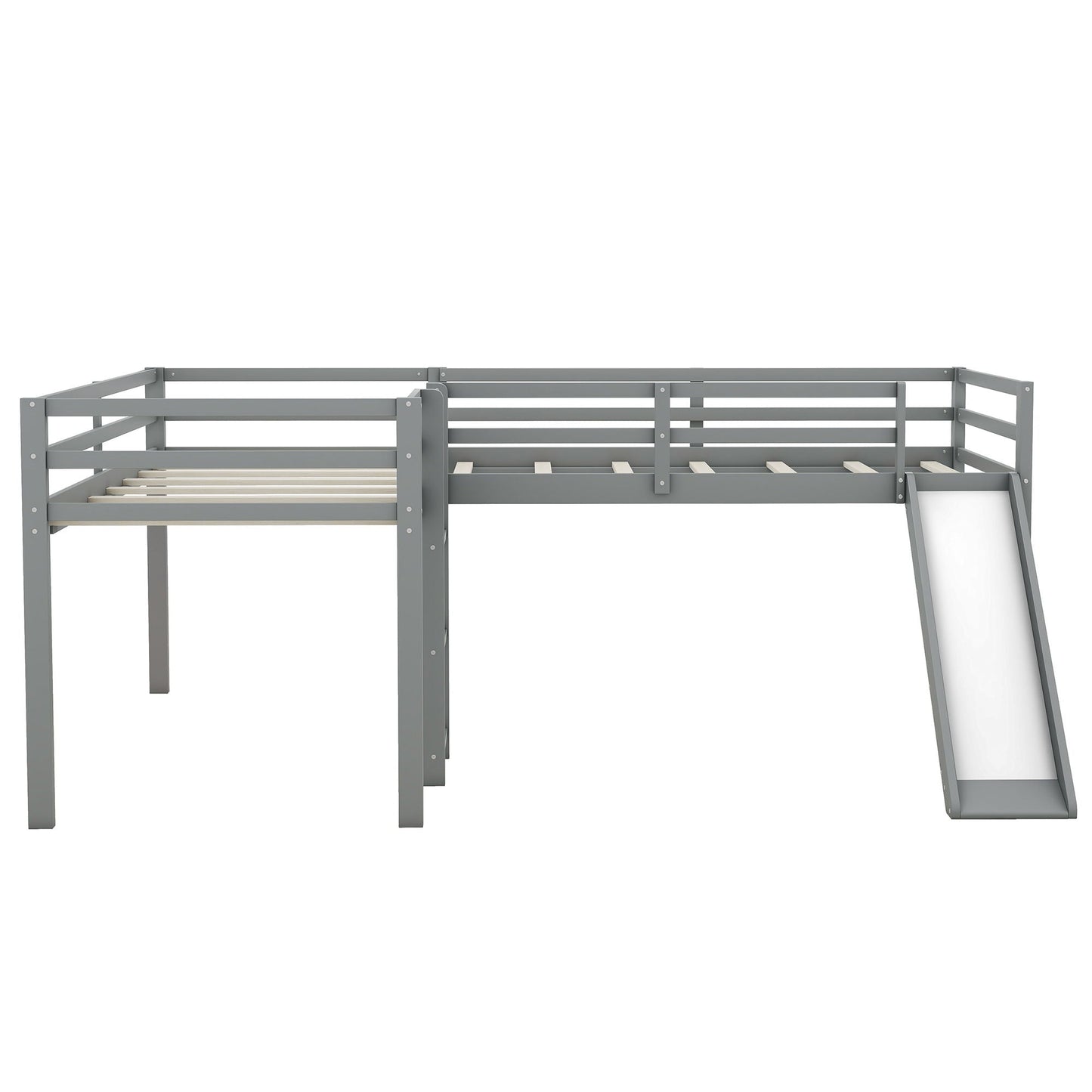 L Shaped Loft Bed frame in gray metal with built-in ladder and slide, HouseOfZazla, Loft Beds on Tampa Home & Garden Store