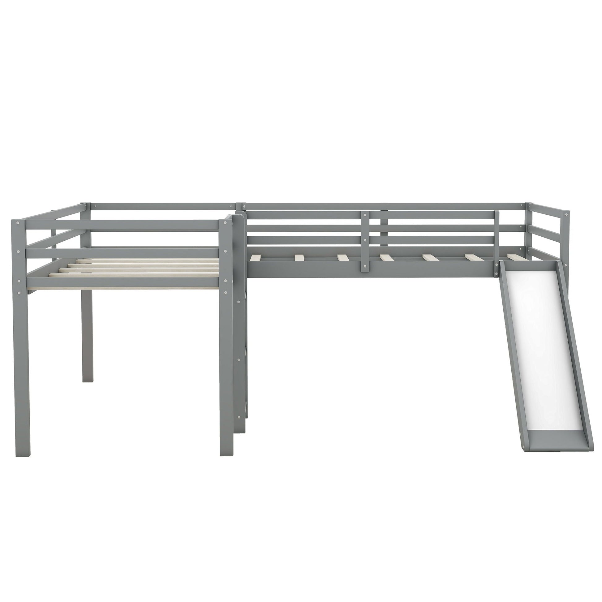 L Shaped Loft Bed frame in gray metal with built-in ladder and slide, HouseOfZazla, Loft Beds on Tampa Home & Garden Store