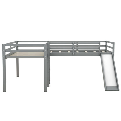 L Shaped Loft Bed frame in gray metal with built-in ladder and slide, HouseOfZazla, Loft Beds on Tampa Home & Garden Store