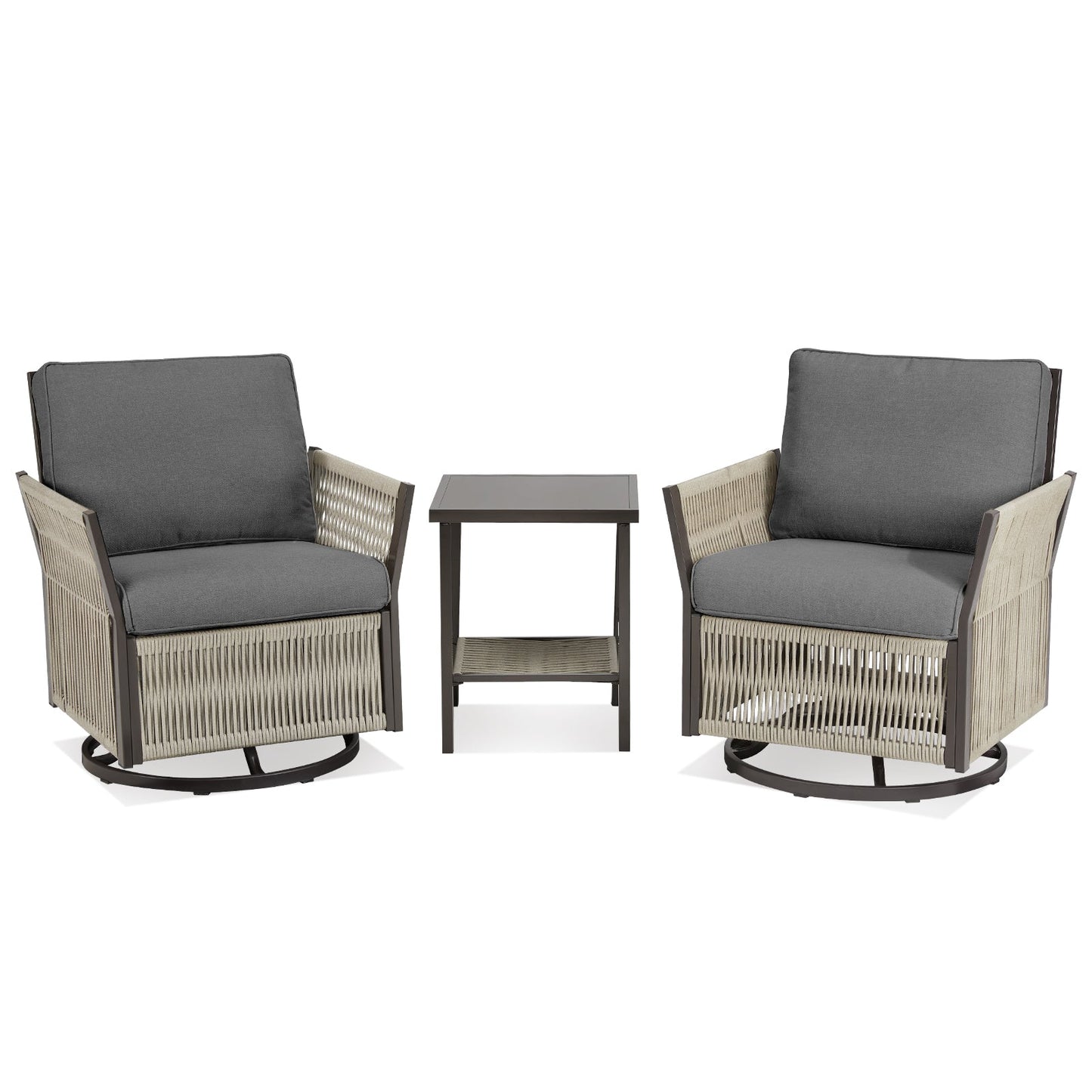 Swivel Outdoor Chairs 3pc wicker patio set with gray cushions and side table HouseOfZazla on Tampa Home & Garden Store
