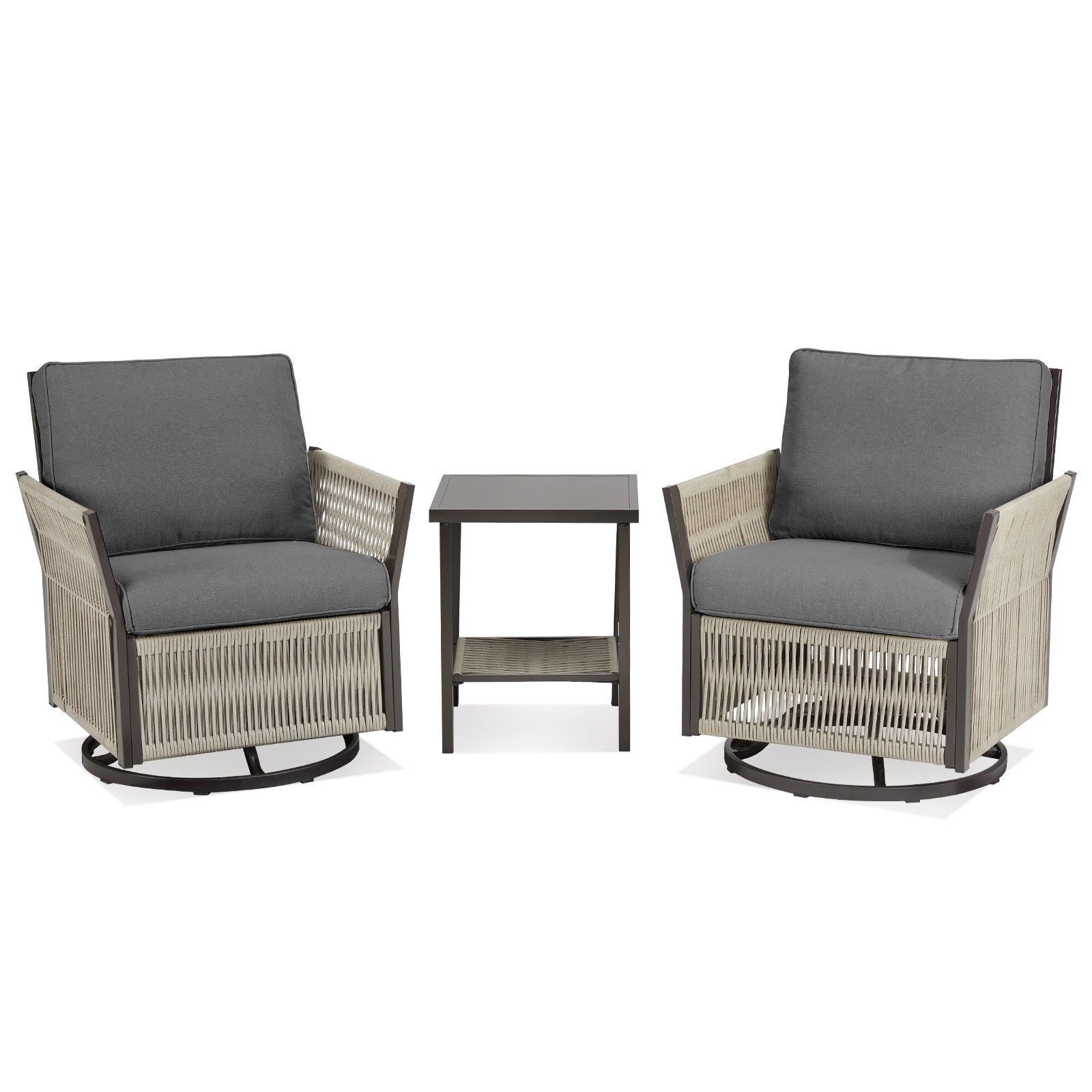 Swivel Outdoor Chairs 3pc wicker patio set with gray cushions and side table HouseOfZazla on Tampa Home & Garden Store
