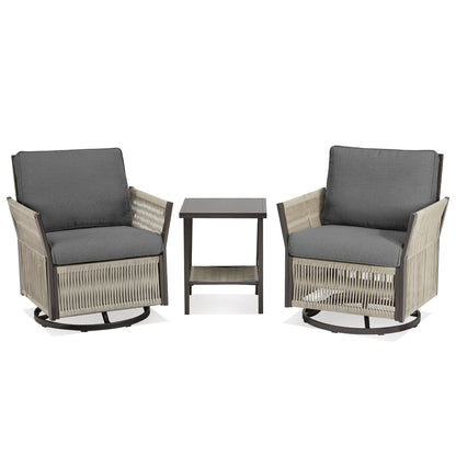 Swivel Outdoor Chairs 3pc wicker patio set with gray cushions and side table HouseOfZazla on Tampa Home & Garden Store