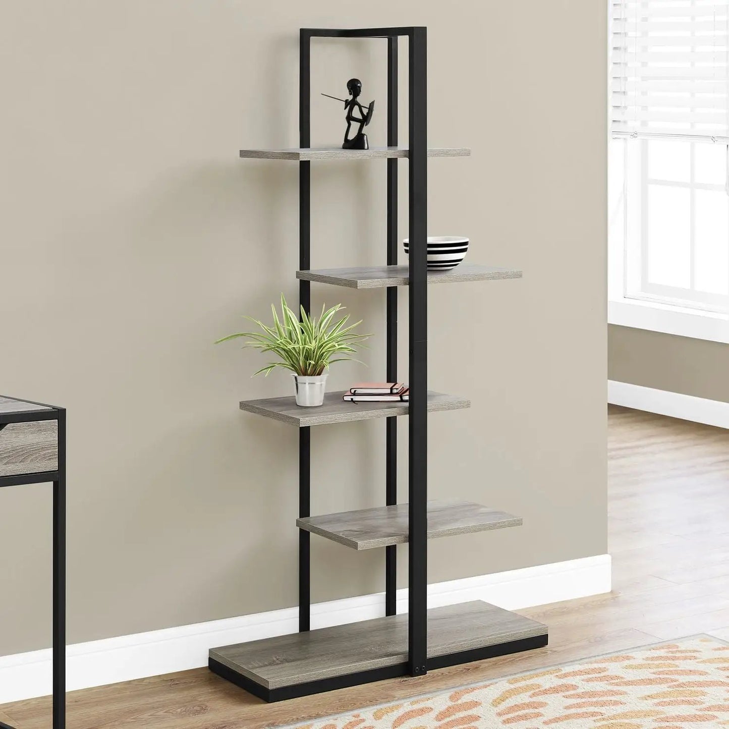 5-tier etagere with black metal frame and light wood shelves for office decor on Tampa Home & Garden Store
