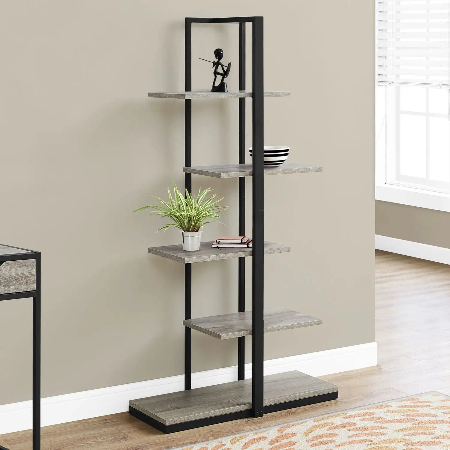 5-tier etagere with black metal frame and light wood shelves for office decor on Tampa Home & Garden Store