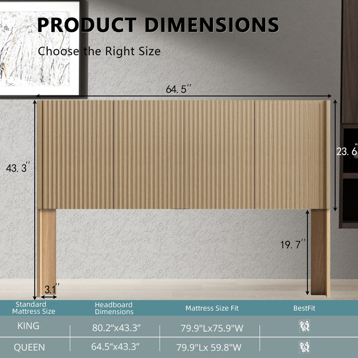Modern wide wall-mounted fluted headboard in light brown wood finish by HouseOfZazla on Tampa Home & Garden Store