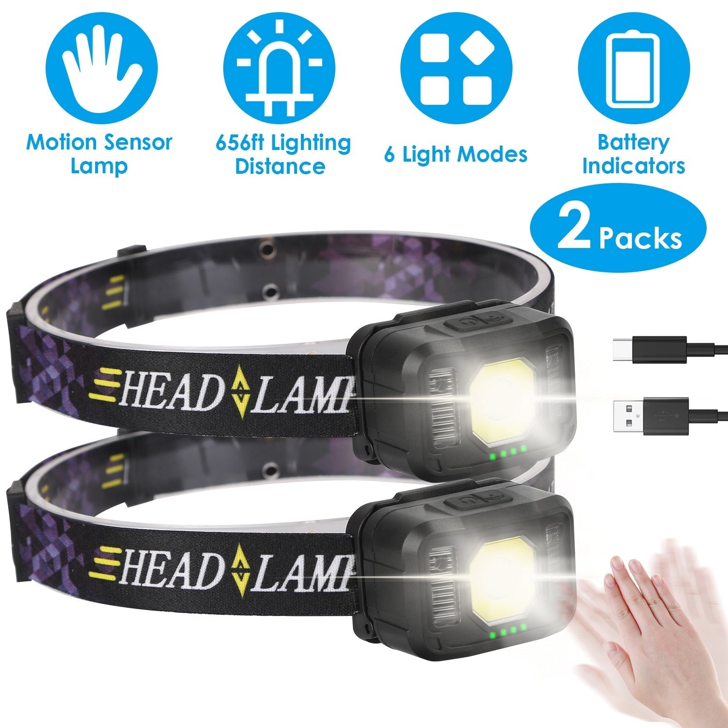 GemGear 2-pack rechargeable motion-sensor headlamps with 6 light modes on black headbands on Tampa Home & Garden Store