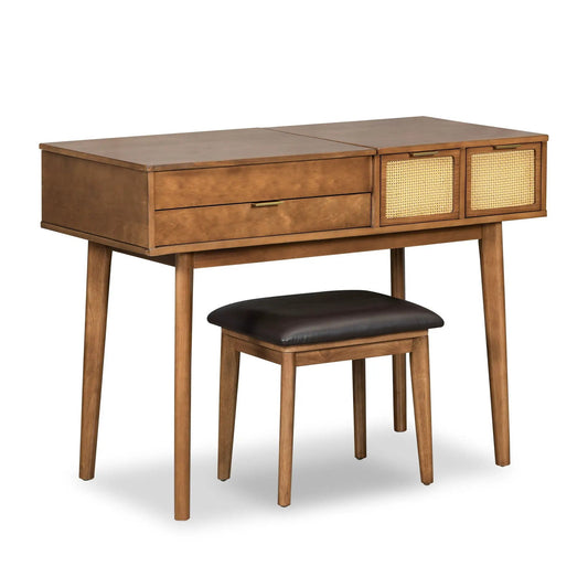 Vanity set wood makeup vanity with three drawers and woven cane cabinet doors stool included on Tampa Home & Garden Store