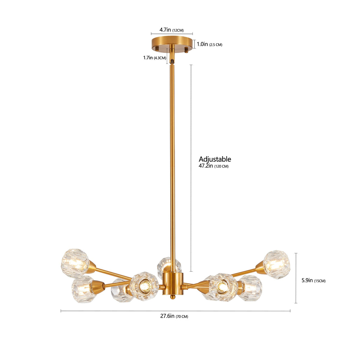 Chandelier 28in Modern Crystal 9-Light Golden Finish by HouseOfZazla with crystal spheres on Tampa Home & Garden Store