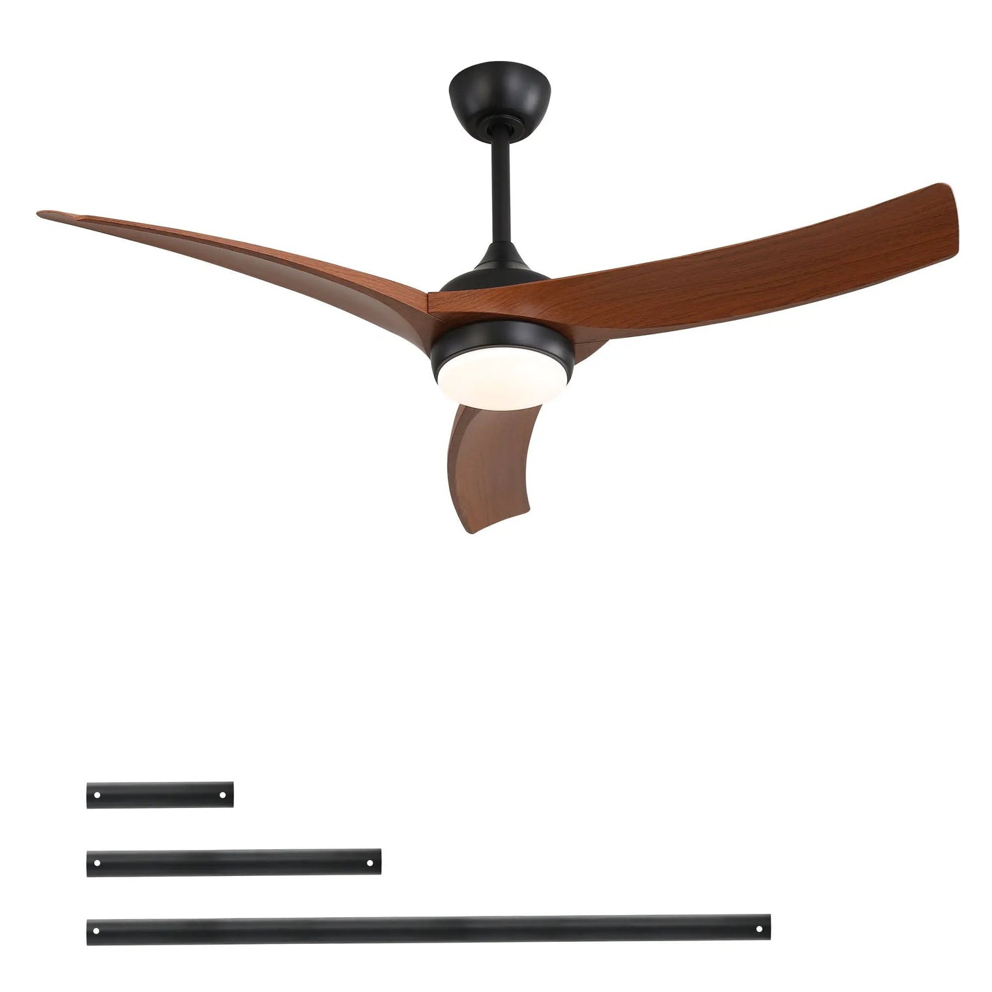 Ceiling fan with 3 wood blades, black motor and frosted light; includes 5 black downrods on Tampa Home & Garden Store