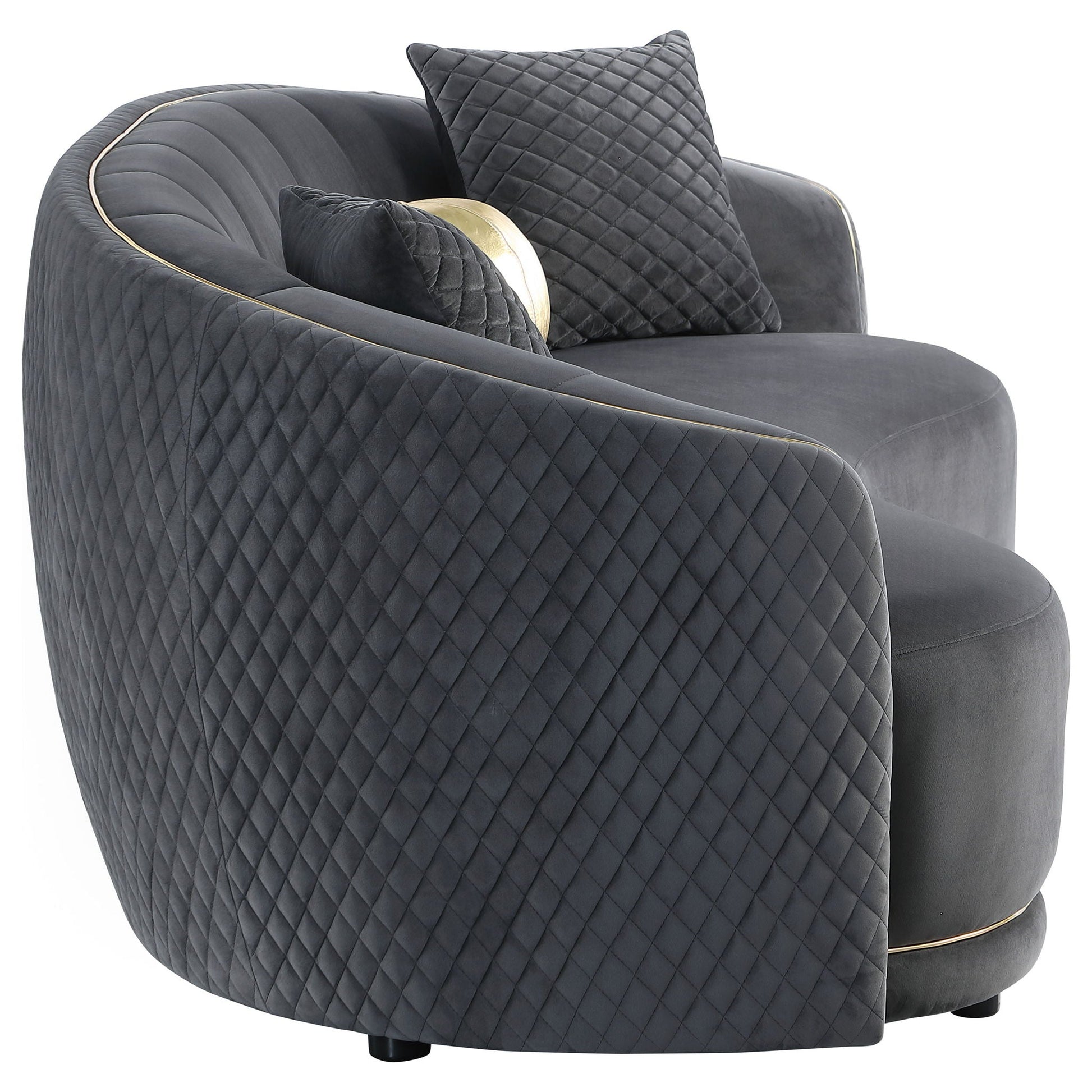 Luxe curved upholstered sofa with diamond quilting and gold trim in dark gray by HouseOfZazla on Tampa Home & Garden Store