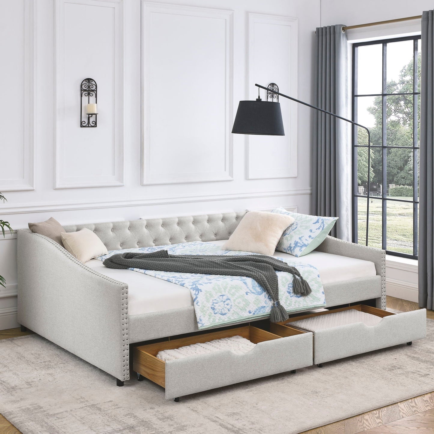 Upholstered Tufted Daybed and Storage Drawers