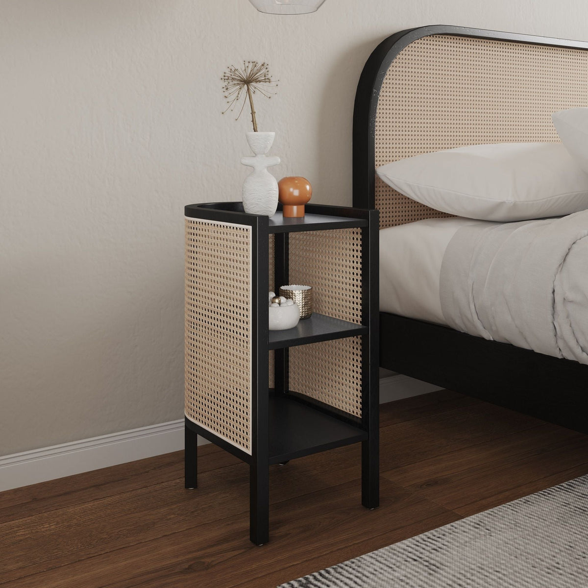 Modern Chic End Table with Two Shelves in black metal frame and woven cane panels on Tampa Home & Garden Store