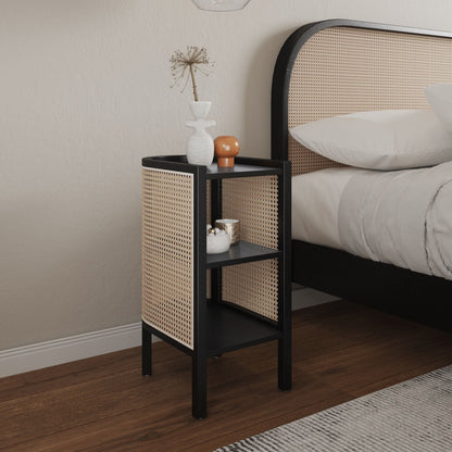 Modern Chic End Table with Two Shelves in black metal frame and woven cane panels on Tampa Home & Garden Store
