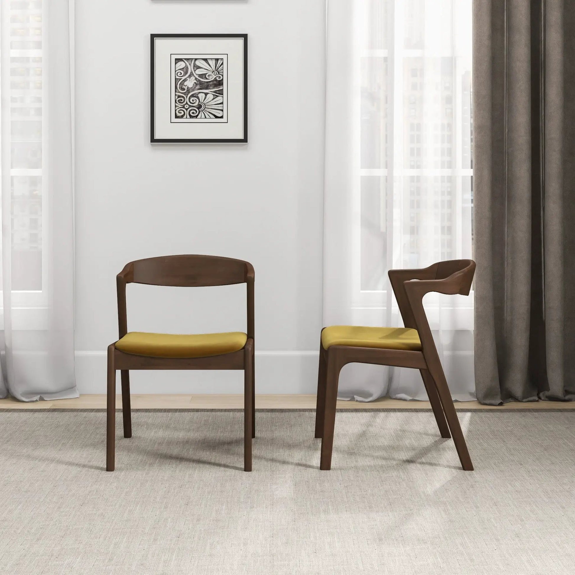 Dakota mid-century dining chairs, set of 2, dark wood frame with yellow cushions on Tampa Home & Garden Store