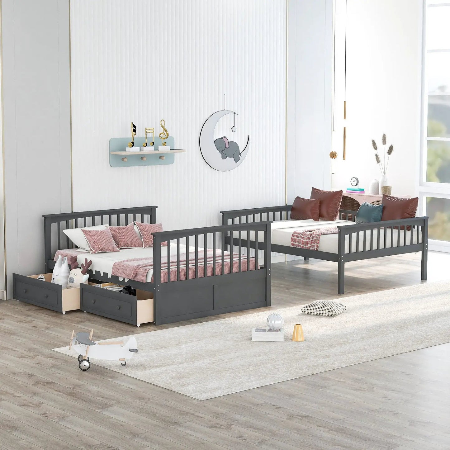 Dual bunk beds with drawers in dark gray, convertible design by Unique Piece Furniture on Tampa Home & Garden Store